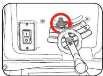 Diagram showing a mechanical device with a gear shift and control panel, highlighting a red circular feature on the gear.