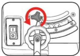 Diagram showing a mechanical device with a red circular arrow indicating rotation or adjustment, and a control panel with a numeric display.