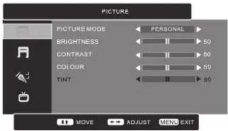 PICTURE PICTURE MODE ← PERSONAL ► BRIGHTNESS ← II ▶ 50 CONTRAST ← II ▶ 50 COLOUR ← II ▶ 50 TINT ← II ▶ 50 MOVE ADJUST MENU EXIT