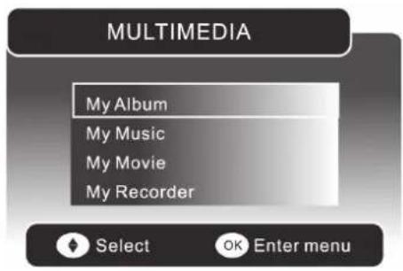 MULTIMEDIA My Album My Music My Movie My Recorder Select OK Enter menu