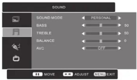 SOUND SOUND MODE PERSONAL BASS 50 TREBLE 50 BALANCE 0 AVC OFF MOVE ADJUST MENU EXIT