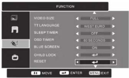 FUNCTION VIDEO SIZE FULL TT LANGUAGE WEST EURO SLEEP TIMER OFF OSD TIMER 60 SECONDS BLUE SCREEN ON CHILD LOCK REBET MOVE ENTER MENU EXIT