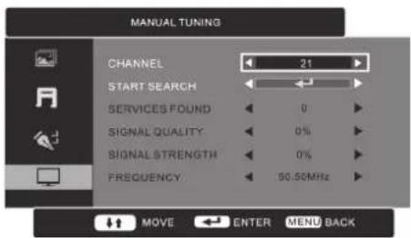 MANUAL TUNING CHANNEL 21 START SEARCH SERVICES FOUND 0 SIGNAL QUALITY 0% SIGNAL STRENGTH 0% FREQUENCY 50.50MHz MOVE ENTER MENU BACK