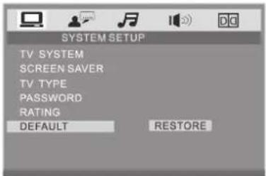 SYSTEM SETUP TV SYSTEM SCREEN SAVER TV TYPE PASSWORD RATING DEFAULT RESTORE