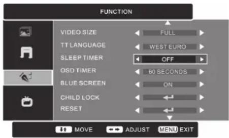 FUNCTION VIDEO SIZE FULL TT LANGUAGE WEST EURO SLEEP TIMER OFF OSD TIMER 60 SECONDS BLUE SCREEN ON CHILD LOCK RESET MOVE ADJUST MENU EXIT