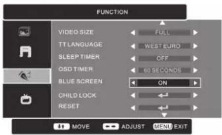 FUNCTION VIDEO SIZE FULL TT LANGUAGE WEST EURO SLEEP TIMER OFF OSD TIMER 60 SECONDS BLUE SCREEN ON CHILD LOCK RESET MOVE ADJUST MENU EXIT