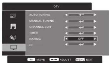 DTV AUTO TUNING MANUAL TUNING CHANNEL EDIT TIMER RATING OFF CI MOVE ADJUST MENU EXIT