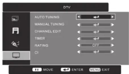 DTV AUTO TUNING MANUAL TUNING CHANNEL EDIT TIMER RATING OFF CI MOVE ENTER MENU EXIT