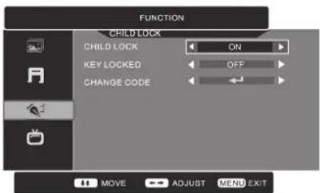 FUNCTION CHILD LOCK CHILD LOCK ON KEY LOCKED OFF CHANGE CODE