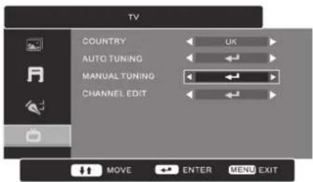 TV COUNTRY UK AUTO TUNING MANUAL TUNING CHANNEL EDIT MOVE ENTER MENU EXIT