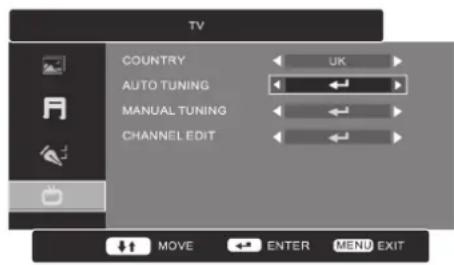 TV COUNTRY AUTO TUNING MANUAL TUNING CHANNEL EDIT MOVE ENTER MENU EXIT