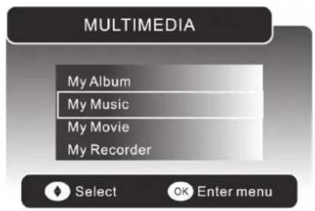 MULTIMEDIA My Album My Music My Movie My Recorder Select OK Enter menu