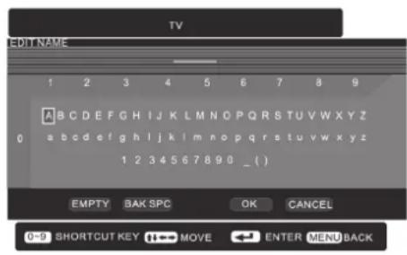 TV EDIT NAME 1 2 3 4 5 6 7 8 9 A B C D E F G H I J K L M N O P Q R S T U V W X Y Z 0 a b c d e f g h l j k l m n o p q r s t u v w x y z 1 2 3 4 5 6 7 8 9 0 _ ( ) EMPTY BAK SPC OK CANCEL 0-9 SHORTCUT KEY MOVE ENTER MENU BACK
