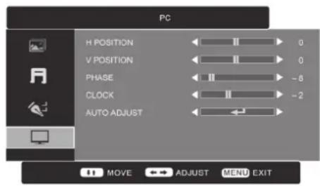 PC H POSITION 0 V POSITION 0 PHASE -6 CLOCK -2 AUTO ADJUST MOVE ADJUST MENU EXIT