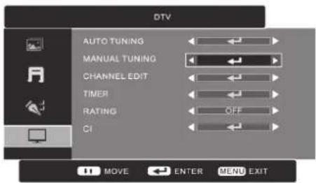 DTV AUTO TUNING MANUAL TUNING CHANNEL EDIT TIMER RATING OFF CI MOVE ENTER MENU EXIT