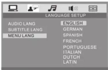 LANGUAGE SETUP AUDIO LANG ENGLISH SUBTITLE LANG GERMAN MENU LANG SPANISH FRENCH PORTUGUESE ITALIAN DUTCH LATIN