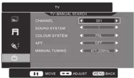 TV TV MANUAL SEARCH CHANNEL 001 SOUND SYSTEM COLOUR SYSTEM PAL AFT OFF MANUAL TUNING 471.25MHz MOVE ADJUST MENU BACK