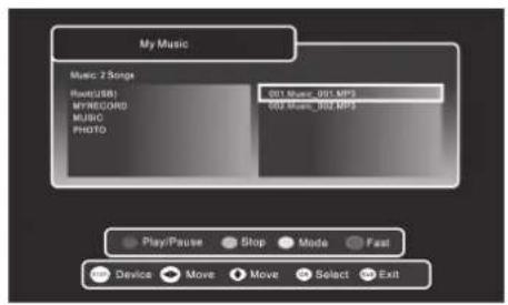 My Music Music: 2 Songs Rings(USB) MYRECORD MUSIC PHOTO 001 Music_001 MP3 001 Music_002 MP3 Play/Pause Stop Mode Fast Device Move Move Select Exit