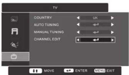 TV COUNTRY AUTO TUNING MANUAL TUNING- CHANNEL EDIT MOVE ENTER MENU EXIT
