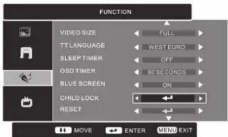 FUNCTION VIDEO SIZE FULL TT LANGUAGE WEST EURO SLEEP TIMER OFF OSD TIMER 60 SECONDS BLUE SCREEN ON CHILD LOCK RESET MOVE ENTER MENU EXIT