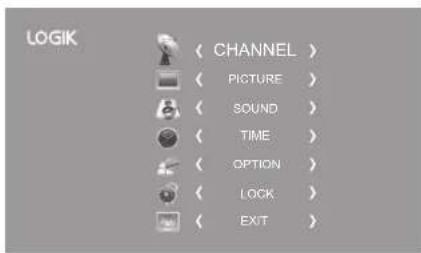 LOGIK CHANNEL > PICTURE > SOUND > TIME > OPTION > LOCK > EXIT >