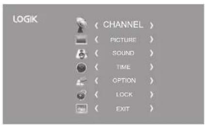 LOGIK CHANNEL > PICTURE > SOUND > TIME > OPTION > LOCK > EXIT >