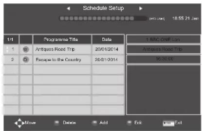 Schedule Setup 1/1 Programme Title Date 1 BRC ONE Lon Antiques Road Trip 16:30:00 1 2 Antiques Road Trip Escape to the Country 20/01/2014 16:30:00 Name Delete Add Edit Print Ext