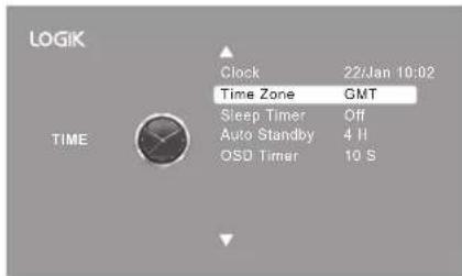 LOGIK Clock 22/Jan 10:02 Time Zone GMT Sleep Timer Off Auto Standby 4 H OSD Timer 10 S