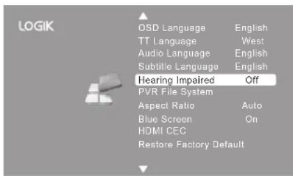 LOGIK OSD Language English TT Language West Audio Language English Subtitle Language English Hearing Impaired Off PVR File System Aspect Ratio Auto Blue Screen On HDMI CEC Restore Factory Default