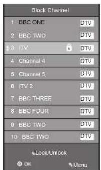 Block Channel 1 BBC ONE DTV 2 BBC TWO DTV 3 ITV 0 DTV 4 Channel 4 DTV 5 Channel 5 DTV 6 ITV 2 DTV 7 BBC THREE DTV 8 BBC FOUR DTV 9 BBC TWO DIV 10 BBC TWO DIV Lock/Unlock OK Menu