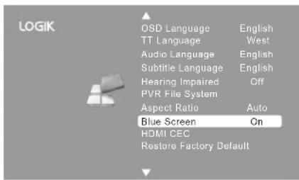 LOGIK OSD Language English TT Language West Audio Language English Subtitle Language English Hearing Impaired Off PVR File System Aspect Ratio Auto Blue Screen On HDMI CEC Restore Factory Default