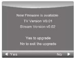 New Fireware is available TV Version v0.01 Stream Version v0.02 Yes to upgrade No to exit the upgrade