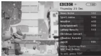 BBC Thursday 25 Dec News Index 102 Sport Home 500 Weather 400 Entertainment 500 Lottery Results 555 Christmas Concert QBeebies Karaoke INDEX 199 Merry Christmas from BBC Real Button! To exit, press TEXT