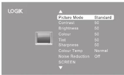 LOGIK Picture Mode Standard Contrast 50 Brightness 50 Colour 50 Tint 50 Sharpness 50 Colour Temp Normal Noise Reduction Off SCREEN