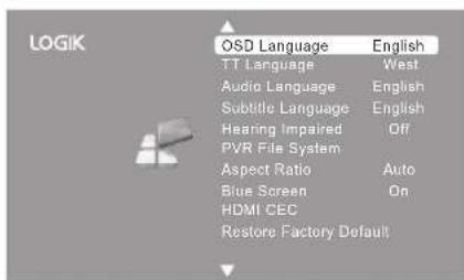 LOGIK OSD Language English TT Language West Audio Language English Subtitle Language English Hearing Impaired Off PVR File System Aspect Ratio Auto Blue Screen On HDMI CEC Restore Factory Default