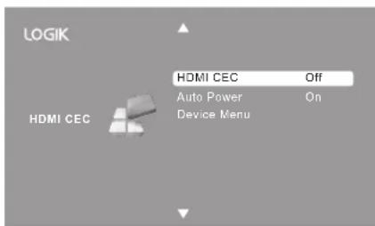 LOGIK HDMI CEC HDMI CEC Auto Power Device Menu Off On