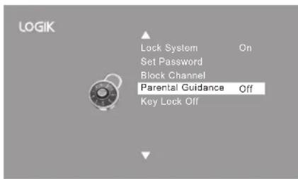 LOGIK Lock System On Set Password Block Channel Parental Guidance Off Key Lock Off