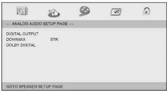 -- ANALOG AUDIO SETUP PAGE -- DIGITAL OUTPUT DOWNMIX STR DOLBY DIGITAL GOTO SPEAKER SETUP PAGE