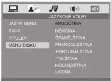 JAZYKOVE VOLBY JAZYK MENU ANGLIČTINA ZVUK NĚMČINA TITULKY ŠPANĚLŠTINA MENU DISKU FRANCOUŽSTINA PORTUGALŠTINA ITALŠTINA HOLANDŠTINA LATINA