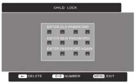 CHILD LOCK ENTER OLD PASSWORD ENTER NEW PASSWORD ENTER PASSWORD AGAIN DELETE 0-9 NUMBER MENU EXIT