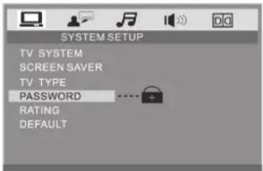 SYSTEM SETUP TV SYSTEM SCREEN SAVER TV TYPE PASSWORD RATING DEFAULT