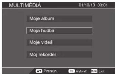 MULTIMÉDIÁ 01/10/10 03:01 Moje album Moja hudba Moje videá Mõj rekordér Presun. OK Vybrat' MENU Exit
