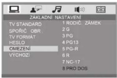 ZAKLADNI NASTAVENÍ TV STANDARD 1 RODIC ZÁMEK SPORÍC OBR 2 G TV FORMAT 3 PG HESLO 4 PG13 OMEZENÍ 5 PG-R VYCHOZI 6 R 7 NC-17 8 PRO DOS