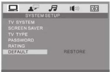 SYSTEM SETUP TV SYSTEM SCREEN SAVER TV TYPE PASSWORD RATING DEFAULT RESTORE