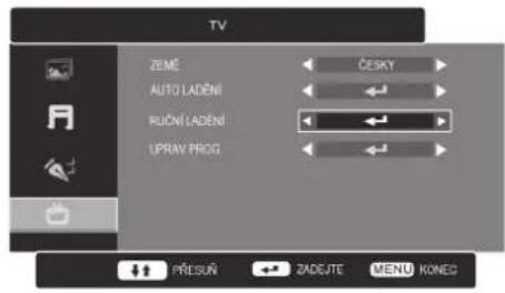TV ZEMĚ AUTO LADĚNÍ RUČNÍ LADĚNÍ UPRAV PROG. ČESKY PŘESUŇ 2AĐEJTE MENU KONEG