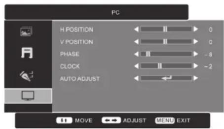 PC H POSITION V POSITION PHASE CLOCK AUTO ADJUST 0 0 -8 -2 MOVE ADJUST MENU EXIT