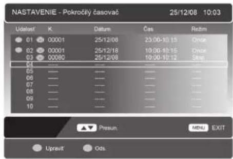 NASTAVENIE - Pokročily časovač 25/12/08 10:03 Udelast K Datum Čas Retim 01 00001 25/12/06 23:00-10:15 Once 02 00001 25/12/18 10:00-10:15 Once 03 00080 25/12/06 10:00-10:12 Step 04 — — — — — 05 — — — — — 06 — — — — — 07 — — — — — 08 — — — — — 09 — — — — — 10 — — — — — Pressun MENU EXIT Upravit Ods.