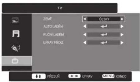 TV ZEMĚ AUTO LADĚNÍ RUZNI LADĚNÍ UPRAV PROG. ČESKY PŘESUŇ UPRAV MENU KONEC