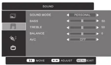 SOUND SOUND MODE PERSONAL BASS 50 TREBLE 50 BALANCE 0 AVC OFF MOVE ADJUST MENU EXIT