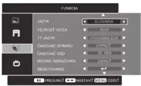 FUNKCIA JAZYK SLOVAKIA VEŁKOST VIDEA FLNY TT JAZYK VÝCHODNÁ EUR ČASOVAČ SPANKU VÝPNÚT ČASOVAČ OSD 50 EUR MODRÁ OBRAZOVKA ZAPNUŠT RESETOVANIE PRESUNÚT NASTAVÍT MENU ODÍST